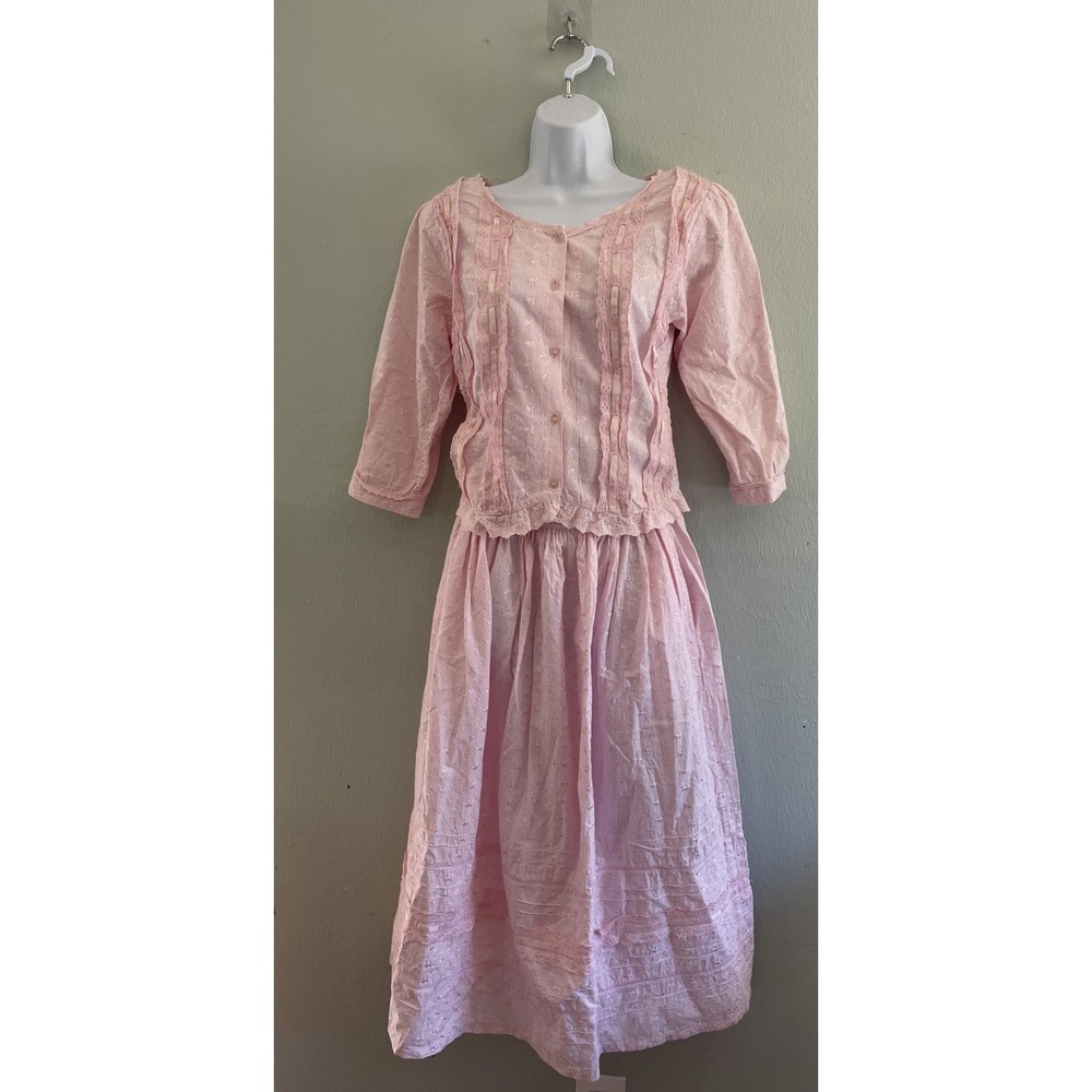 Vintage Pink Eyelet Lace Two Piece Set Blouse and Midi Skirt Cottagecore Prairie